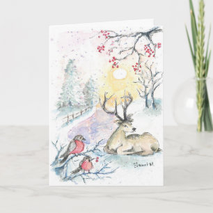 Reindeer and bullfinch snow winter folded card