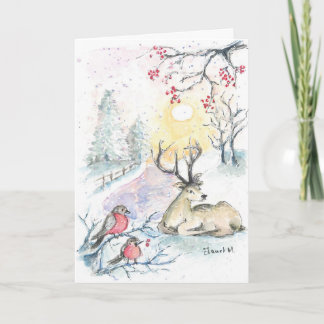 Reindeer and bullfinch snow winter folded card