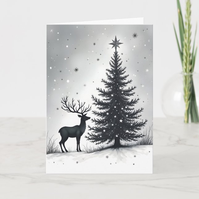 Reindeer and Christmas Tree Modern  Holiday Card (Front)