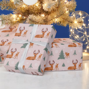 Reindeer and Christmas Trees Illustration Pattern Wrapping Paper