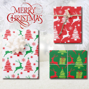 Reindeer and Christmas Trees in Red & Green 3 Wrapping Paper Sheet