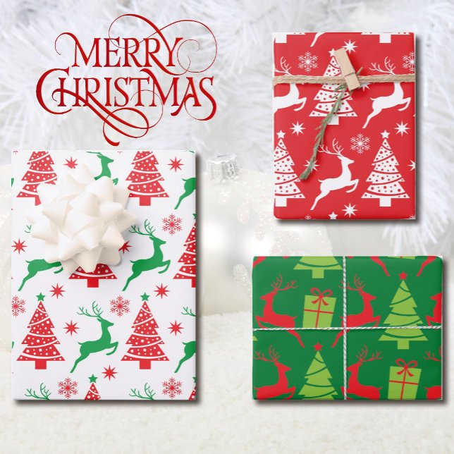 Reindeer and Christmas Trees in Red & Green 3 Wrapping Paper Sheet (Creator Uploaded)