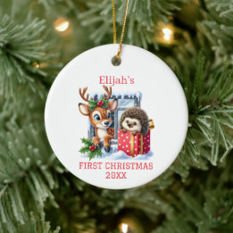 Reindeer and Hedgehog Christmas Ceramic Tree Decoration