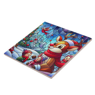 Reindeer and kids in winter joy! tile