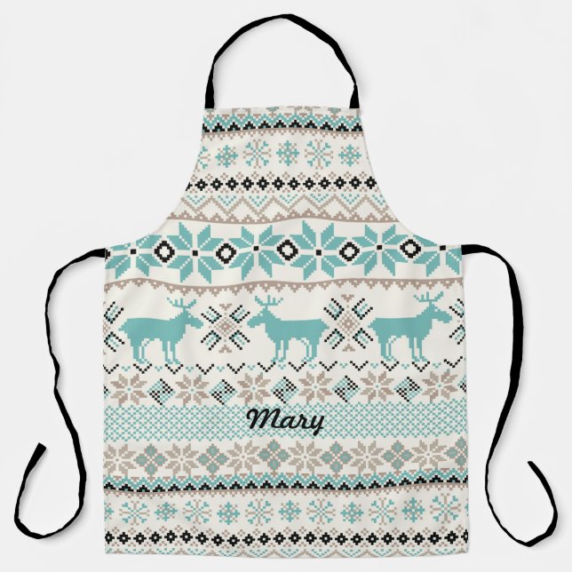 Reindeer and Nordic Snowflake Sweater-like Pattern Apron (Front)