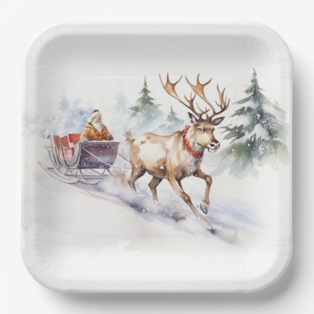 Reindeer And Santa Claus Paper Plate (Front)