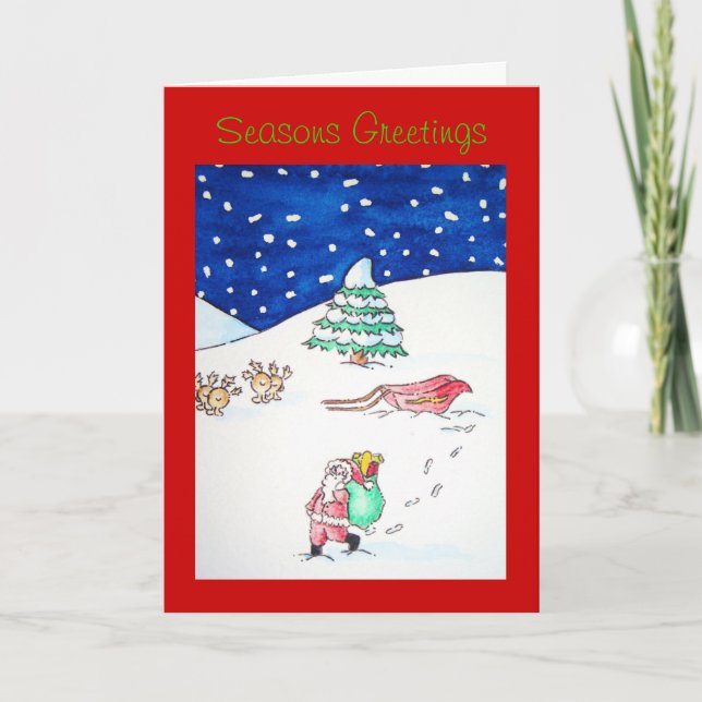 reindeer and santa delivering gifts for christmas holiday card (Front)
