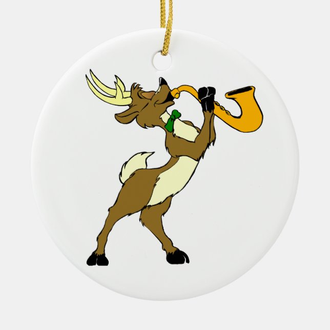 Reindeer And Saxophone Ceramic Tree Decoration (Front)