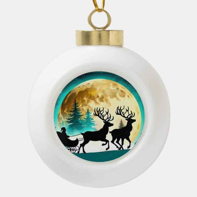 Reindeer and Sleigh full moon Ceramic Ball Christmas Ornament (Front)