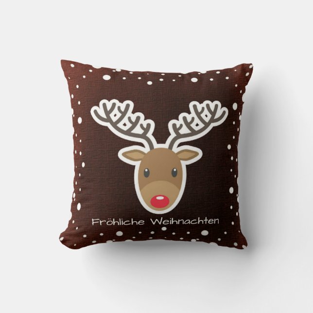 Reindeer And Snow On Red Fröhliche Weihnachten Cushion (Front)