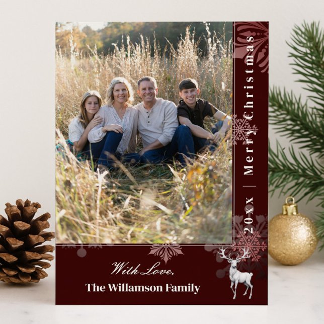Reindeer and Snowflakes Holiday Photo | Red Card (Red Reindeer and Snowflakes Holiday Photo Card)