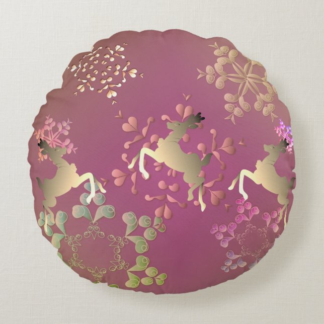 Reindeer and Snowflakes on Gradient Purple Round Cushion (Front)