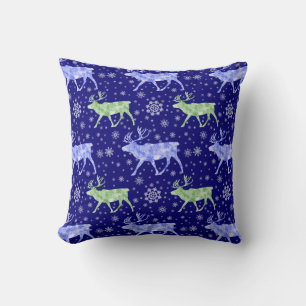 Reindeer and Snowflakes Pattern Blue and Green Cushion