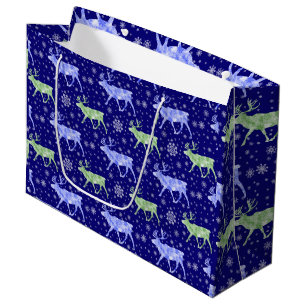 Reindeer and Snowflakes Pattern Blue and Green Large Gift Bag