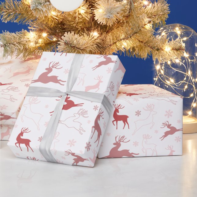 Reindeer and Snowflakes Rose Gold Pink Christmas Wrapping Paper (Holidays)