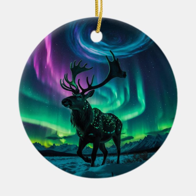 Reindeer and the Northern Lights Wildlife Design Ceramic Tree Decoration (Front)