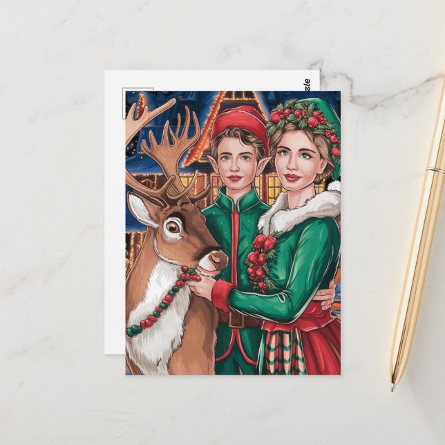 Reindeer and Two of Santa's Helpers Postcard (Front/Back In Situ)
