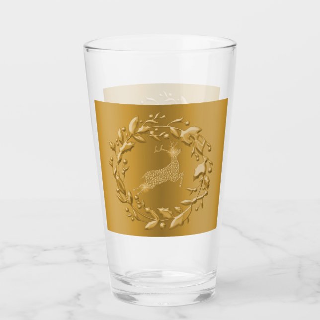 Reindeer and Wreath Gold Christmas Glass (Front)