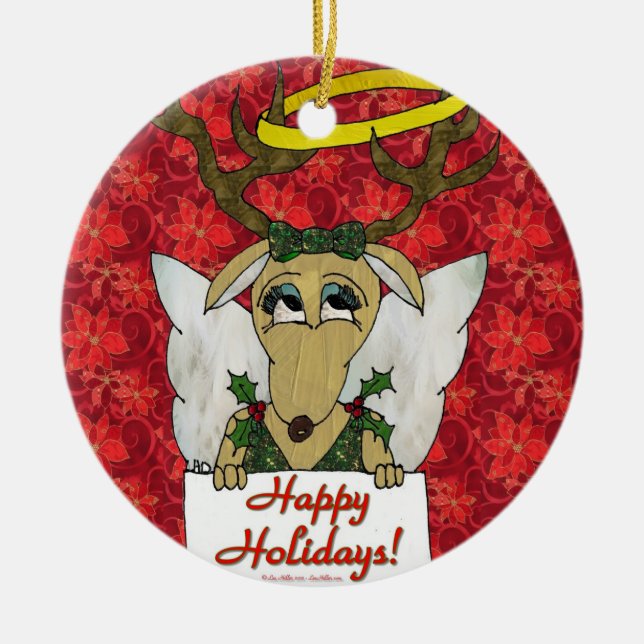 Reindeer Angel Happy Holidays Ornament (Front)