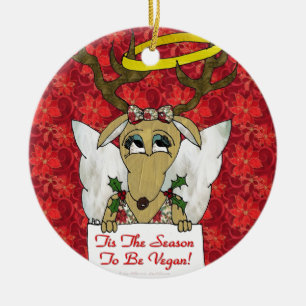 Reindeer Angel Tis The Season to Be Vegan Ceramic Tree Decoration