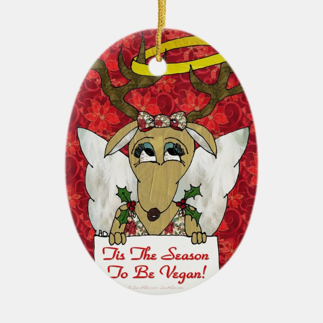 Reindeer Angel Tis The Season to Be Vegan Ceramic Tree Decoration (Front)