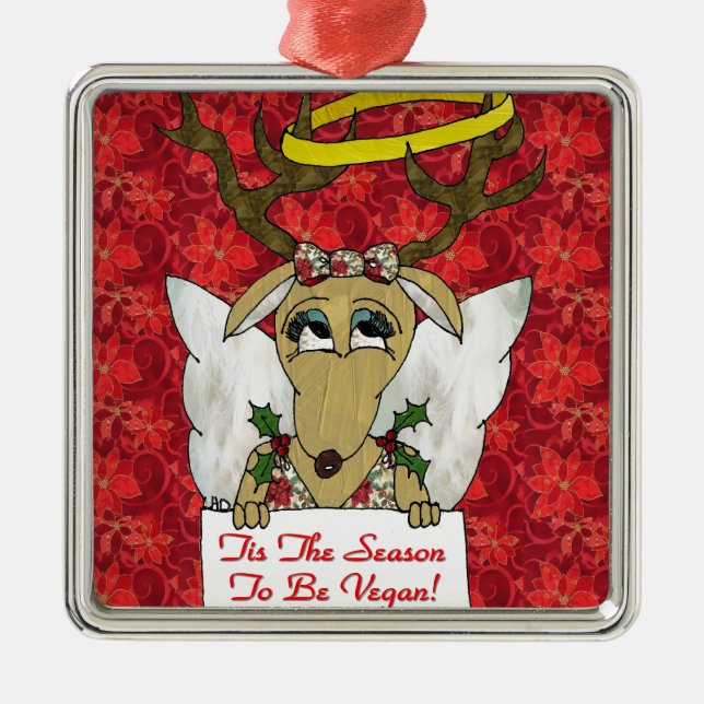 Reindeer Angel Tis The Season to Be Vegan Metal Tree Decoration (Front)