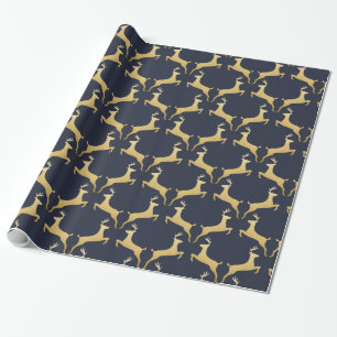 Reindeer   Antler Christmas Gold Foil   Navy Blue Wrapping Paper