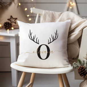 Reindeer Antler Elegant Monogram Christmas Cushion