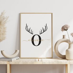 Reindeer Antler   Elegant Monogram Christmas Poster