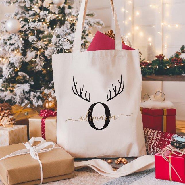 Reindeer Antler | Elegant Monogram Christmas Tote Bag (Creator Uploaded)