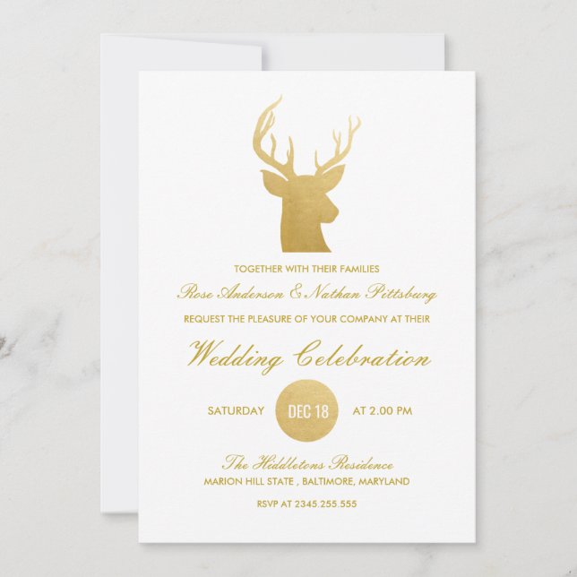Reindeer Antler Faux Gold Foil | Winter Wedding Invitation (Front)
