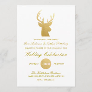 Reindeer Antler Faux Gold Foil   Winter Wedding Invitation