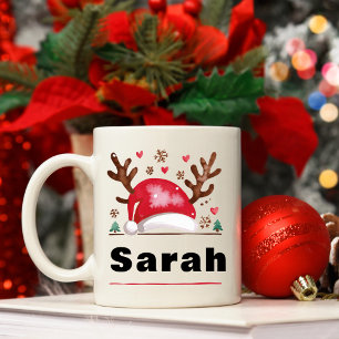 Reindeer Antlers and Santa Hat Christmas Coffee Mug