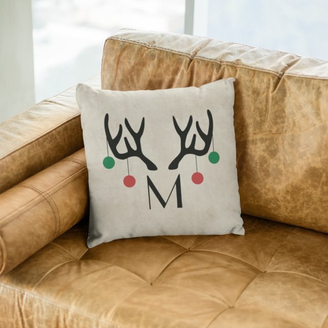 Reindeer Antlers Modern Christmas Monogram Cushion (Creator Uploaded)