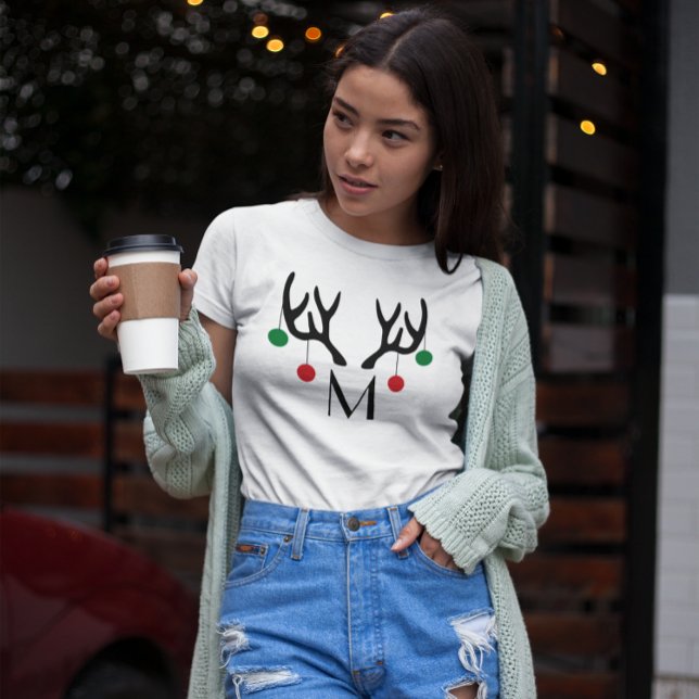 Reindeer Antlers Modern Christmas Monogram  T-Shirt (Creator Uploaded)
