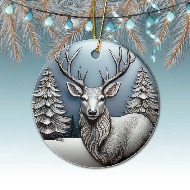 Reindeer Antlers, Trees, Snow Scene, Deer 🦌🎄 Ceramic Tree Decoration (Elegant Silver Reindeer Decor, Deer Antlers Decoration,  Winter Trees Scene Ornament Front/Back 🦌🎄)