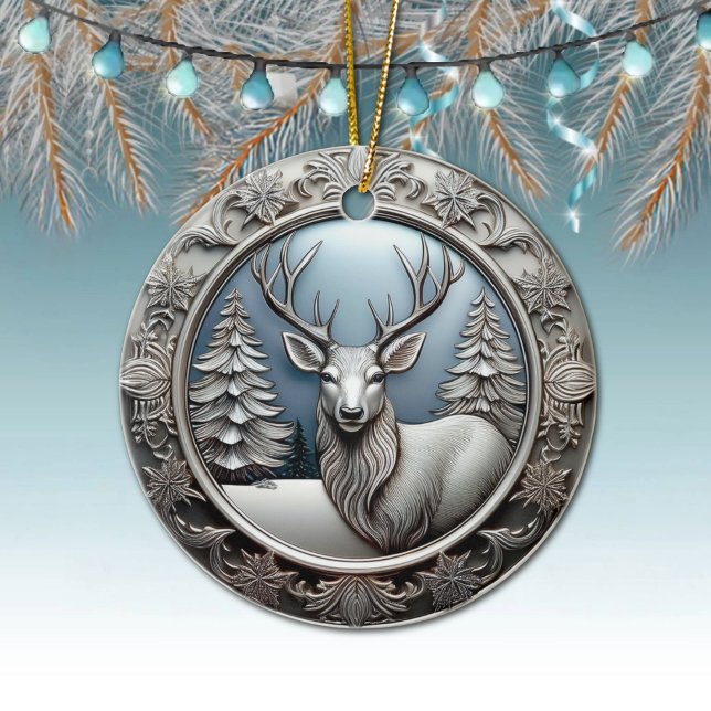 Reindeer Antlers, Trees, Unique Silver Deer 🦌🎄 Ceramic Tree Decoration (Elegant Silver Reindeer Decoration, Deer Antlers Decor,  Winter Trees Scene Ornament Front/Back 🦌🎄)