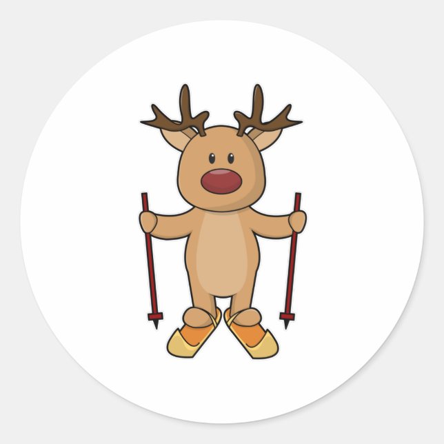 Reindeer as Skier with Skis & Ski poles Classic Round Sticker (Front)