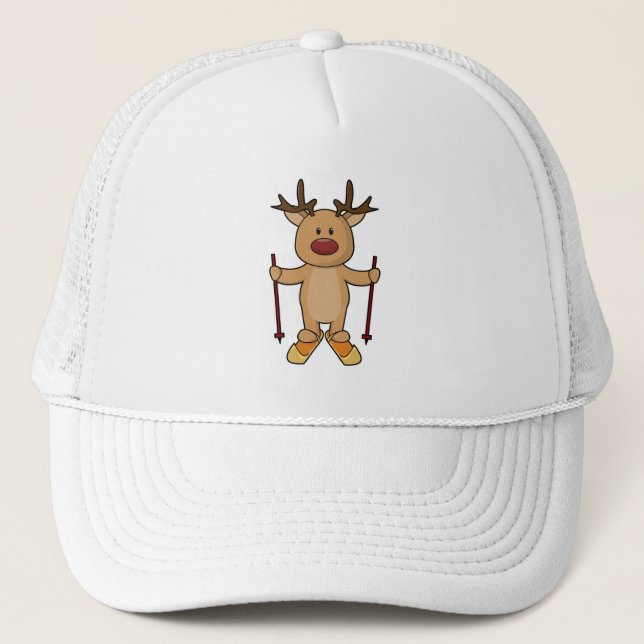 Reindeer as Skier with Skis & Ski poles Trucker Hat (Front)
