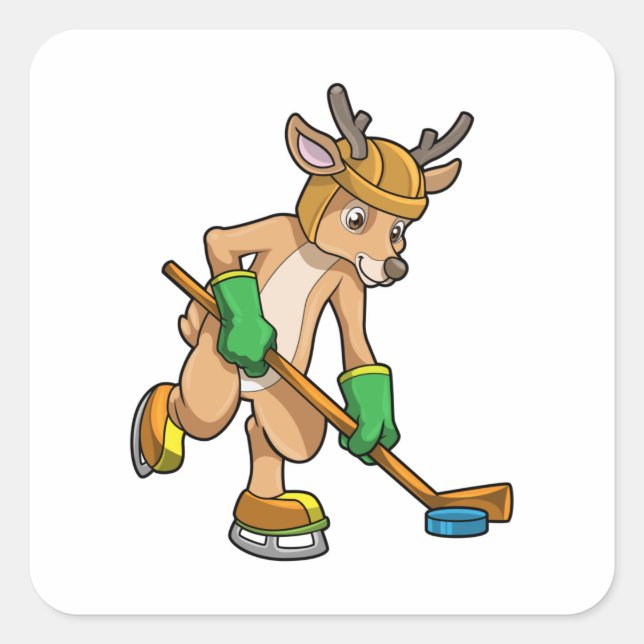 Reindeer at Ice hockey with Hockey stick Square Sticker (Front)