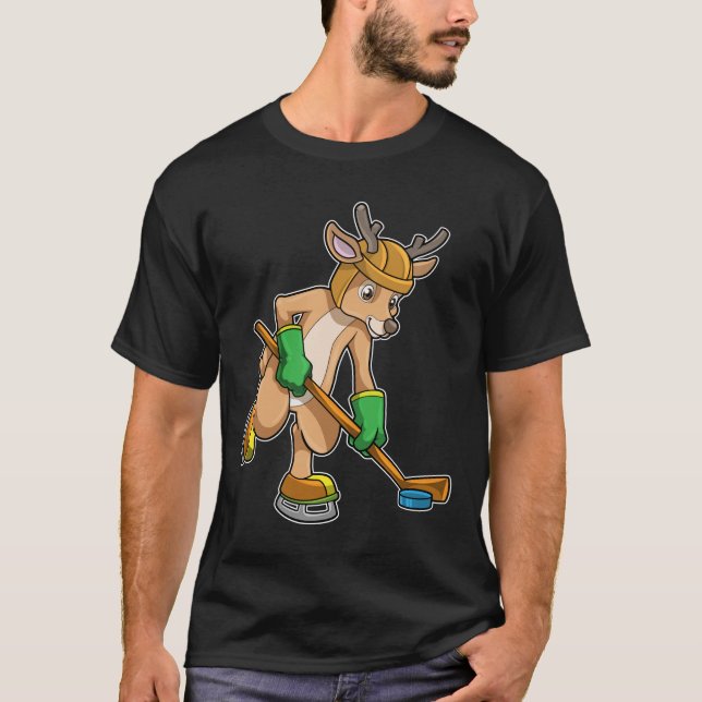 Reindeer at Ice hockey with Hockey stick T-Shirt (Front)