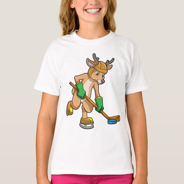 Reindeer at Ice hockey with Hockey stick T-Shirt (Front)