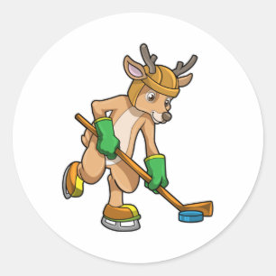 Reindeer at Ice hockey with Ice hockey stick Classic Round Sticker