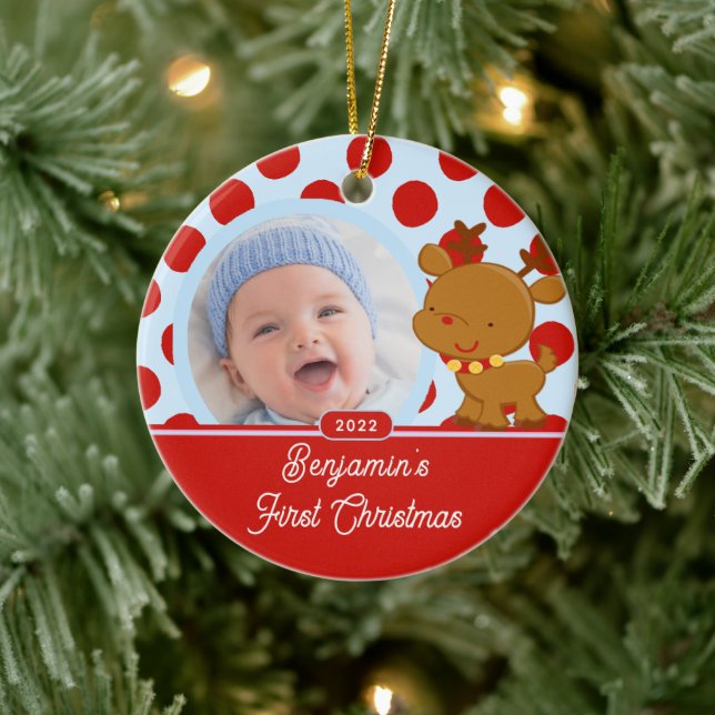 Reindeer Baby Boy Photo Christmas Ornament (Tree)