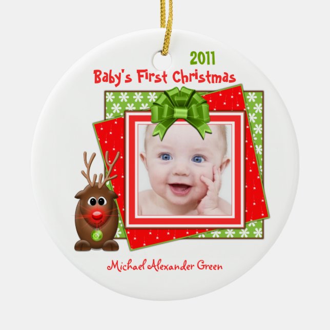 Reindeer Baby's First Christmas Photo Ornament (Front)
