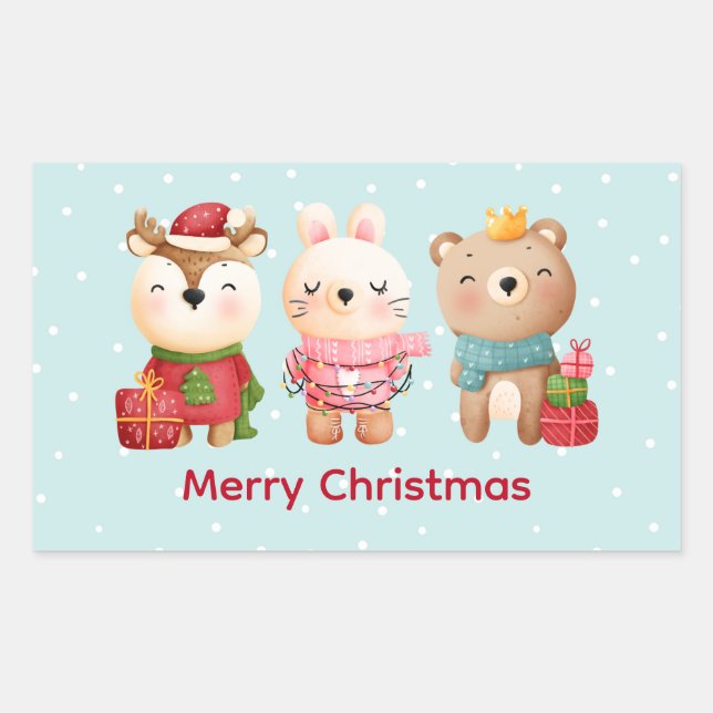 Reindeer, Bear & Rabbit Merry Christmas Rectangular Sticker (Front)