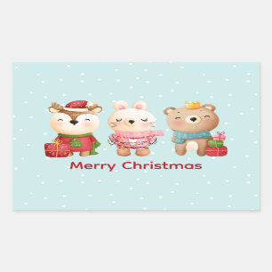 Reindeer, Bear & Rabbit Merry Christmas Rectangular Sticker