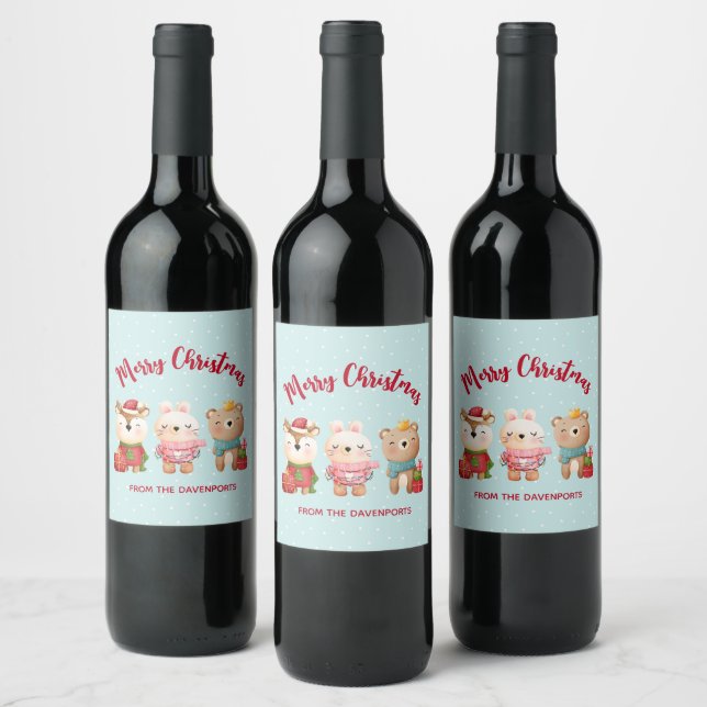 Reindeer, Bear & Rabbit Merry Christmas Wine Label (Bottles)