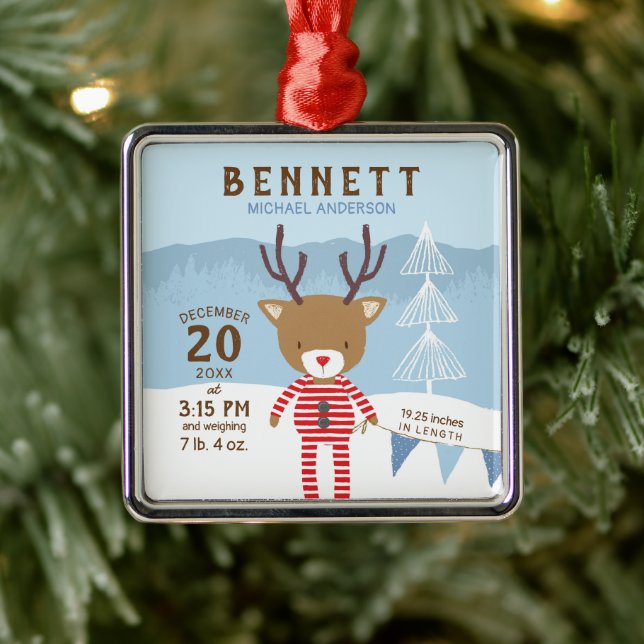 Reindeer Birth Stats Baby's 1st Christmas Metal Tree Decoration (Tree)