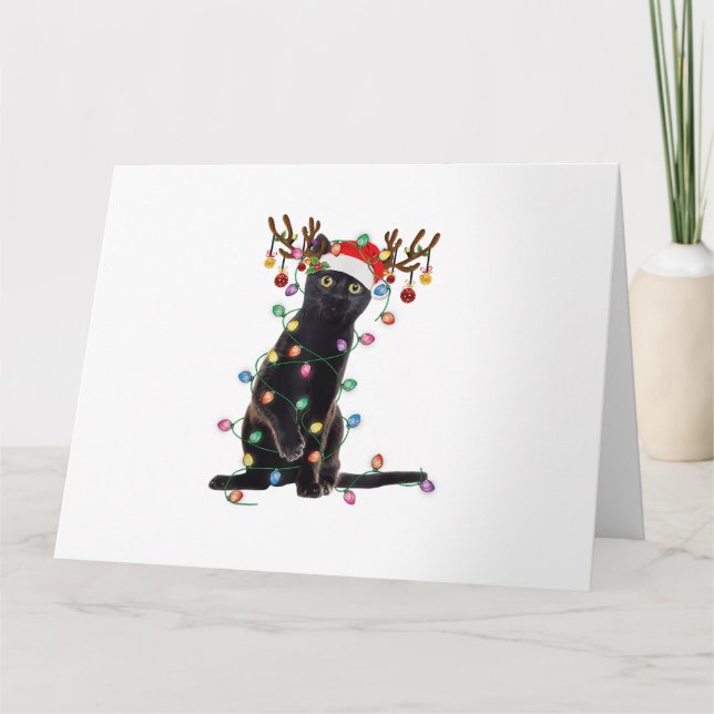 Reindeer Black Cat Christmas Lights Funny Cat Love Card (Front)